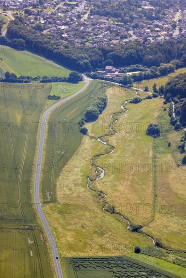 Aerial view, Bremer Bachaue, Bremer Bach Mäander, Bremen, Ense, Sauerland, North Rhine-Westphalia, Germany, DE, Europe, river meadow, aerial photograph, aerial photography, aerial photography, overview, bird's-eye view, birds-eyes view, overview