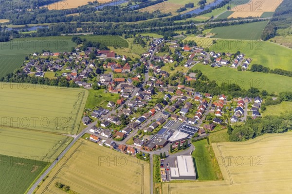 Aerial view, river Ruhr and town view Waltringen, Ense, Sauerland, North Rhine-Westphalia, Germany, DE, Europe, aerial view, aerial photography, aerial photography, town view, townscape, urban area, overview, bird's-eye view, overview