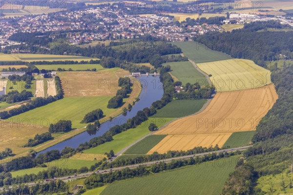 Aerial view, river Ruhr with hydropower plant Echthausen and meadows and fields in Waltringen, Ense, Sauerland, North Rhine-Westphalia, Germany, DE, Europe, aerial view, aerial photography, aerial photography, overview, bird's eye view, hydropower plant, birds-eyes view, overview