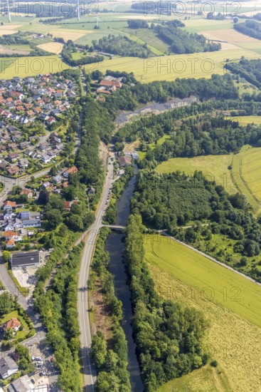 Aerial view, Möhne road with fences, river Möhne, Niederense, Ense, Sauerland, North Rhine-Westphalia, Germany, DE, Europe, aerial view, aerial photography, aerial photography, overview, bird's eye view, birds-eyes view, overview