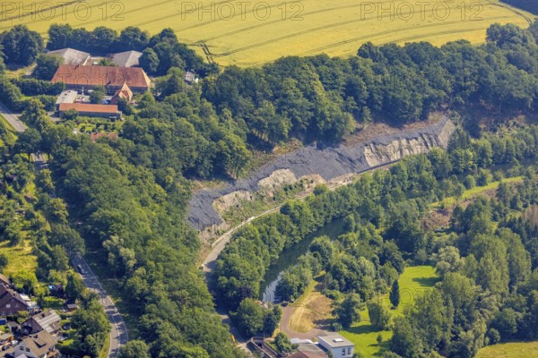 Aerial photograph, rockfall protection fences on the Möhne road, river Möhne, Niederense, Ense, Sauerland, North Rhine-Westphalia, Germany, DE, Europe, rockfall protection fences, slope protection nets, aerial photograph, aerial photography, aerial photography, rockfall nets, overview, bird's-eye view, birds-eyes view, overview