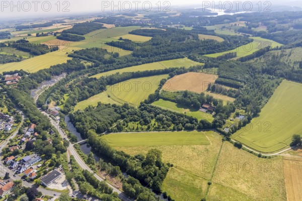 Aerial view, landscape conservation area Möhne valley, meadows and fields at the river Möhne, fences at the Möhne road, Niederense, Ense, Sauerland, North Rhine-Westphalia, Germany, DE, Europe, aerial view, aerial photography, aerial photography, overview, bird's-eye view, forest area, meadows and fields, birds-eyes view, overview