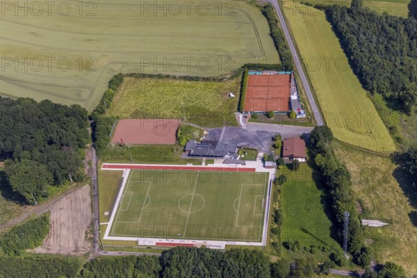 Aerial view, sports field Höingen, Ense, Sauerland, North Rhine-Westphalia, Germany, DE, Europe, football field, football stadium, aerial photography, aerial photography, aerial photography, sports, sports facilities, sports field, sports shooters, sports facility, tennis, tennis facility, tennis courts, overview, bird's-eye view, overview