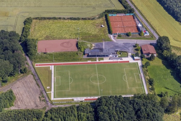 Aerial view, sports field Höingen, Ense, Sauerland, North Rhine-Westphalia, Germany, DE, Europe, football field, football stadium, aerial photography, aerial photography, aerial photography, sports, sports facilities, sports field, sports shooters, sports facility, tennis, tennis facility, tennis courts, overview, bird's-eye view, overview