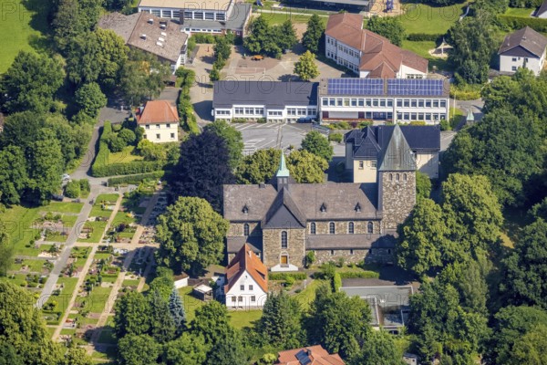 Aerial view, Church of St. Bernhard and Bernhardus School, Niederense, Ense, Sauerland, North Rhine-Westphalia, Germany, place of worship, education, educational institution, DE, Europe, religious community, place of worship, primary school, holy place, church, parish, denomination, educational institute, aerial view, aerial photography, aerial photography, photovoltaics, photovoltaic system, religion, religious site, school, solar, solar system, solar energy, solar energy, overview, bird's-eye view, bird's-eye view, overview