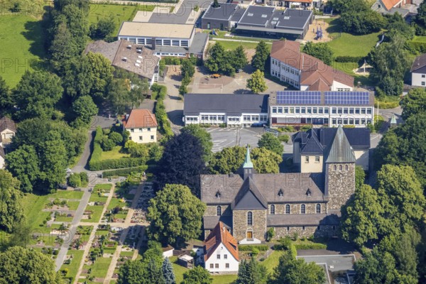 Aerial view, Church of St. Bernhard and Bernhardus School, Niederense, Ense, Sauerland, North Rhine-Westphalia, Germany, place of worship, burial place, education, educational institution, DE, Europe, cemetery, memorial, religious community, place of worship, church, primary schools, burial ground, holy place, church, parish, denomination, educational institution, aerial view, aerial photography, aerial photography, photovoltaic, photovoltaic system, religion, religious site, resting place, school, solar, solar system, solar energy, solar energy, overview, bird's-eye view, birds-eyes view, overview