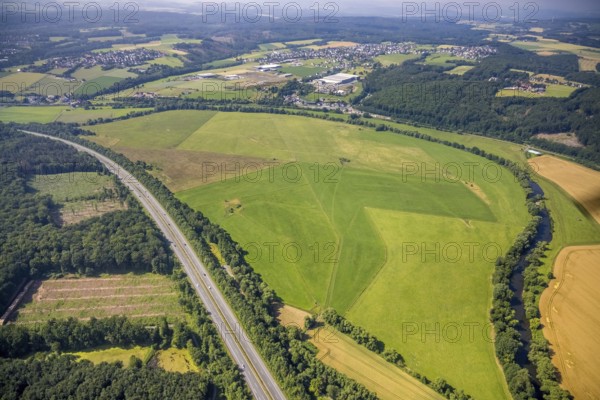 Aerial view, forest area with forest damage, motorway A445 and Ruhraue with river Ruhr in Hünningen, Ense, Sauerland, North Rhine-Westphalia, Germany, motorway A445, bark beetle damage, bark beetle plague, DE, Europe, clear cutting, aerial view, aerial photography, aerial photography, overview, bird's eye view, forest, forest damage, forest dieback, birds-eyes view, overview