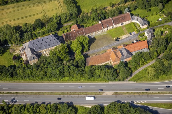 Aerial view, Haus Füchten, Hünningen, Ense, Sauerland, North Rhine-Westphalia, Germany, motorway A445, castle, DE, Europe, manor house, aerial view, aerial photography, aerial photography, castle, overview, bird's eye view, farm building, birds-eyes view, historical sight, overview