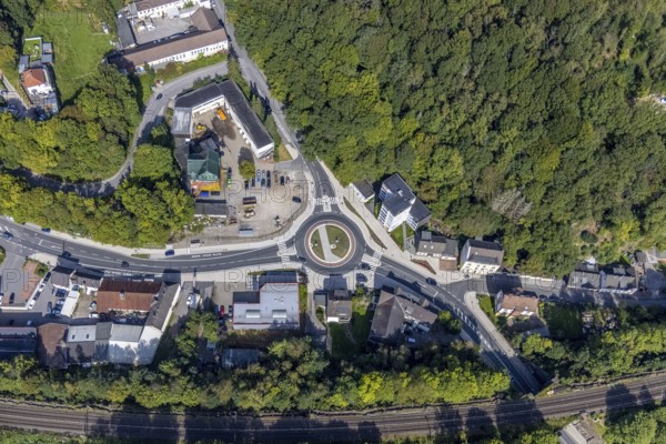 Aerial view, redesigned roundabout Kölner Straße and Hembecker Talstraße in the district Büttenberg in Ennepetal, Ruhr area, North Rhine-Westphalia, Germany, DE, Ennepetal, Europe, roundabout, roundabout, aerial view, aerial photography, aerial photography, new construction, overview, bird's-eye view, overview