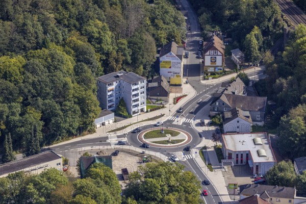 Aerial view, redesigned roundabout Kölner Straße and Hembecker Talstraße in the district Büttenberg in Ennepetal, Ruhr area, North Rhine-Westphalia, Germany, DE, Ennepetal, Europe, roundabout, roundabout, aerial view, aerial photography, aerial photography, new construction, overview, bird's-eye view, overview