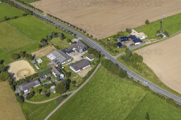 Aerial view, riding training at the Wolfshövel riding centre in the Königsfeld district of Ennepetal, Ruhr area, North Rhine-Westphalia, Germany, DE, Ennepetal, Europe, aerial view, aerial photography, aerial photography, horses, equestrian sports, riding centre, riding school, riding centre, riding stable, overview, bird's-eye view, overview
