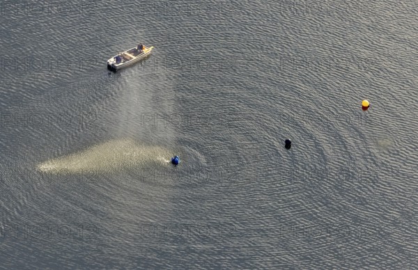 Aerial view, Ennepetalsperre and boat with water fountain in the district Altenbreckerfeld in Breckerfeld, Ruhr area, North Rhine-Westphalia, Germany, Breckerfeld, DE, Europe, aerial view, aerial photography, aerial photography, dam, overview, bird's eye view, birds-eyes view, overview