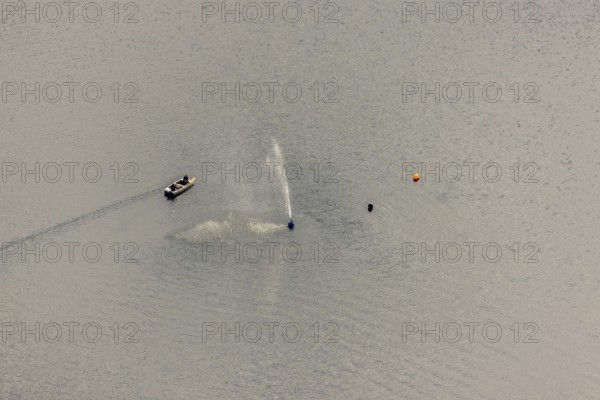 Aerial view, Ennepetalsperre and boat with water fountain in the district Altenbreckerfeld in Breckerfeld, Ruhr area, North Rhine-Westphalia, Germany, Breckerfeld, DE, Europe, aerial view, aerial photography, aerial photography, dam, overview, bird's eye view, birds-eyes view, overview