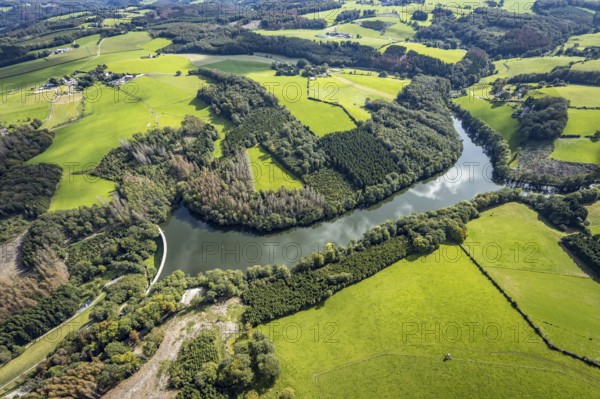 Aerial view, Heilenbecker Talsperre in the district Rüggeberg in Ennepetal, Ruhr area, North Rhine-Westphalia, Germany, DE, Ennepetal, Europe, aerial view, aerial photography, aerial photography, lake, reservoir, overview, bird's-eye view, meadows and fields, birds-eyes view, overview