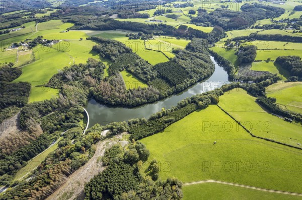 Aerial view, Heilenbecker Talsperre in the district Rüggeberg in Ennepetal, Ruhr area, North Rhine-Westphalia, Germany, DE, Ennepetal, Europe, aerial view, aerial photography, aerial photography, lake, reservoir, overview, bird's-eye view, meadows and fields, birds-eyes view, overview