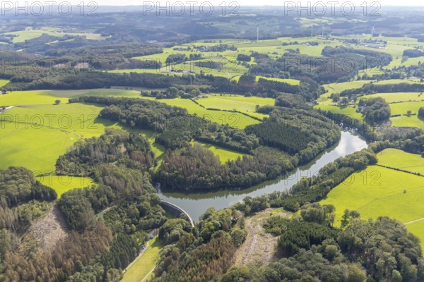 Aerial view, Heilenbecker Talsperre in the district Rüggeberg in Ennepetal, Ruhr area, North Rhine-Westphalia, Germany, DE, Ennepetal, Europe, aerial view, aerial photography, aerial photography, lake, reservoir, overview, bird's-eye view, meadows and fields, birds-eyes view, overview