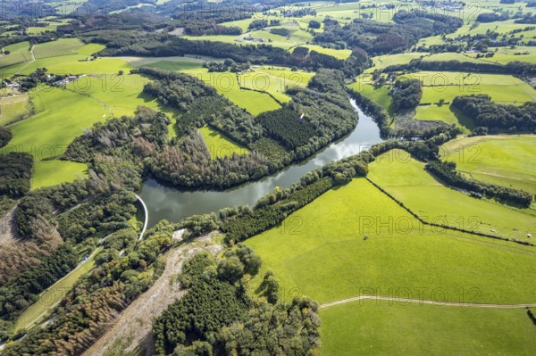 Aerial view, Heilenbecker Talsperre in the district Rüggeberg in Ennepetal, Ruhr area, North Rhine-Westphalia, Germany, DE, Ennepetal, Europe, aerial view, aerial photography, aerial photography, lake, reservoir, overview, bird's-eye view, meadows and fields, birds-eyes view, overview