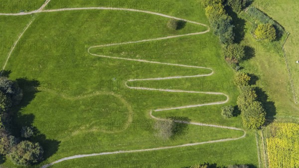 Aerial view, serpentine path at the Königsfeld Clinic in the Windgarten district of Ennepetal, Ruhr area, North Rhine-Westphalia, Germany, DE, Ennepetal, Europe, aerial view, aerial photography, aerial photography, rehab path, serpentine shape, overview, bird's-eye view, overview, heart training, winding path, serpentines, waves, zigzag path