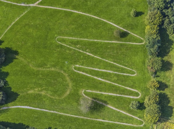 Aerial view, serpentine path at the Königsfeld Clinic in the Windgarten district of Ennepetal, Ruhr area, North Rhine-Westphalia, Germany, DE, Ennepetal, Europe, aerial view, aerial photography, aerial photography, rehab path, serpentine shape, overview, bird's-eye view, overview, heart training, winding path, serpentines, waves, zigzag path