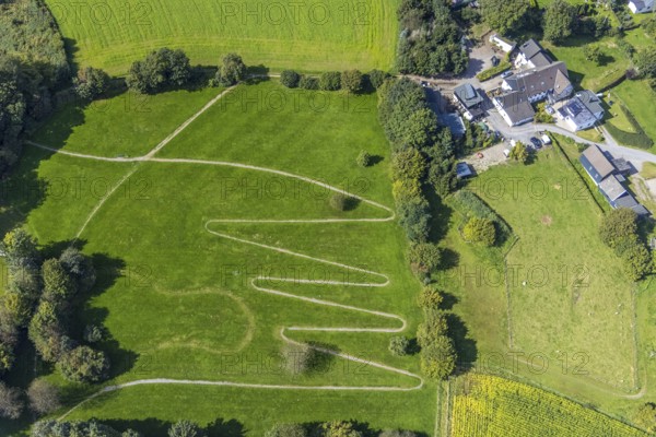Aerial view, serpentine path at the Königsfeld Clinic in the Windgarten district of Ennepetal, Ruhr area, North Rhine-Westphalia, Germany, DE, Ennepetal, Europe, aerial view, aerial photography, aerial photography, rehab path, serpentine shape, overview, bird's-eye view, overview, heart training, winding path, serpentines, waves, zigzag path