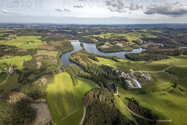 Aerial view, forest damage at the Ennepetalsperre dam with dam wall in the Altenbreckerfeld district in Breckerfeld, Ruhr area, North Rhine-Westphalia, Germany, tree dieback, bark beetle damage, bark beetle plague, Breckerfeld, DE, Europe, clear-cutting, aerial view, aerial photography, aerial photography, dam, overview, bird's eye view, forest, forest damage, forest dieback, birds-eyes view, overview