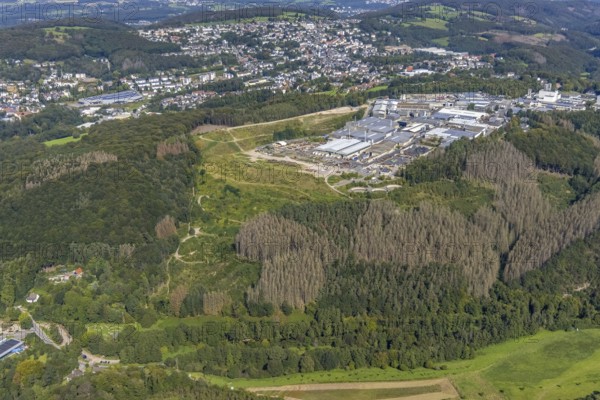Aerial view, commercial area Jacobstraße with Siegfried Jacob Metallwerke and landfill in the district Voerde in Ennepetal, Ruhr area, North Rhine-Westphalia, Germany, tree mortality, bark beetle damage, bark beetle plague, DE, landfill, Ennepetal, Europe, spruce mortality, commercial enterprises, commercial area, commercial park, commercial site, commercial use, industrial area, industrial site, clear-cutting, aerial view, aerial photography, aerial photography, overview, bird's-eye view, forest, forest area, forest damage, forest damage, forest dieback, birds-eyes view, overview