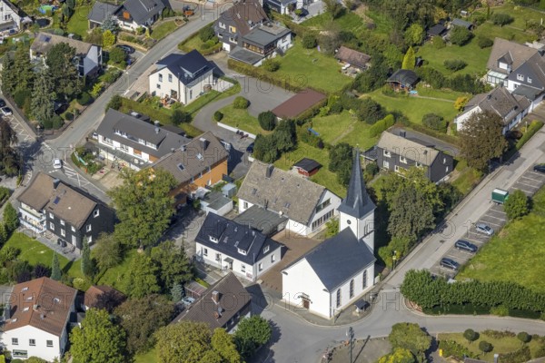 Aerial view, protestant church in the district of Rüggeberg in Ennepetal, Ruhr area, North Rhine-Westphalia, Germany, place of worship, DE, Ennepetal, Europe, religious community, place of worship, holy place, church, parish, denomination, aerial photograph, aerial photography, aerial photography, religion, religious site, overview, bird's-eye view, birds-eyes view, overview