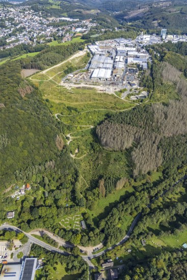 Aerial view, commercial area Jacobstraße with Siegfried Jacob Metallwerke and landfill in the district Voerde in Ennepetal, Ruhr area, North Rhine-Westphalia, Germany, tree mortality, bark beetle damage, bark beetle plague, DE, landfill, Ennepetal, Europe, spruce mortality, commercial enterprises, commercial area, commercial park, commercial site, commercial use, industrial area, industrial site, clear-cutting, aerial view, aerial photography, aerial photography, overview, bird's-eye view, forest, forest area, forest damage, forest damage, forest dieback, birds-eyes view, overview