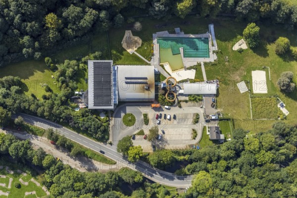 Aerial view, Platsch leisure pool in the Altenvoerde district of Ennepetal, Ruhr area, North Rhine-Westphalia, Germany, bathing establishment, bathing resort, DE, Ennepetal, Europe, outdoor pool, leisure activities, aerial view, aerial photography, aerial photography, swimming pool, swimming pool, overview, bird's-eye view, overview