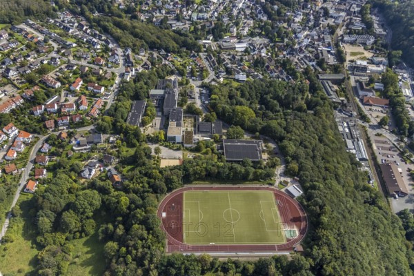 Aerial view, Dorma Sportpark and Reichenbach-Gymnasium in the Altenvoerde district of Ennepetal, Ruhr area, North Rhine-Westphalia, Germany, education, educational institution, DE, Ennepetal, Europe, football pitch, football stadium, grammar school, teaching institute, athletics stadium, aerial photograph, aerial photography, aerial photography, school, sport, sports facilities, sports field, sports facility, stadium, overview, bird's-eye view, bird's-eye view, overview