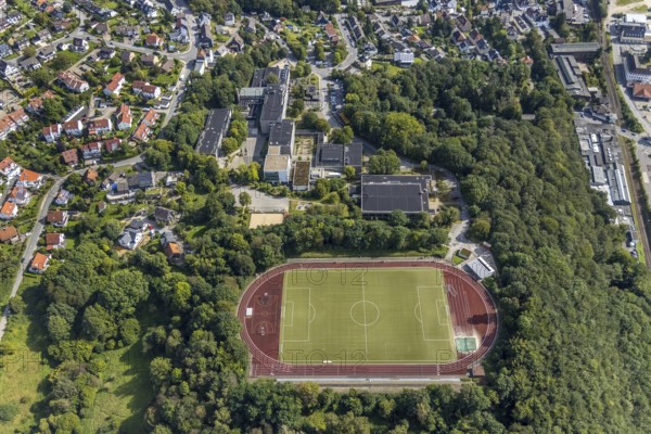 Aerial view, Dorma Sportpark and Reichenbach-Gymnasium in the Altenvoerde district of Ennepetal, Ruhr area, North Rhine-Westphalia, Germany, education, educational institution, DE, Ennepetal, Europe, football pitch, football stadium, grammar school, teaching institute, athletics stadium, aerial photograph, aerial photography, aerial photography, school, sport, sports facilities, sports field, sports facility, stadium, overview, bird's-eye view, bird's-eye view, overview