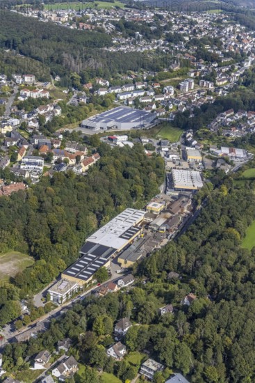 Aerial view, industrial area Loher Straße and building bilstein group Engineeringmit with solar roof in the district Voerde in Ennepetal, Ruhr area, North Rhine-Westphalia, Germany, DE, Ennepetal, Europe, commercial enterprises, commercial area, commercial area, commercial location, commercial use, industrial area, industrial building, industrial location, aerial view, aerial photography, aerial photography, photovoltaic, photovoltaic system, solar system, solar roof, solar energy, overview, bird's eye view, birds-eyes view, overview