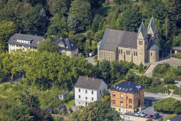 Aerial view, catholic church St. Johann Baptist in the district Voerde in Ennepetal, Ruhr area, North Rhine-Westphalia, Germany, place of worship, DE, Ennepetal, Europe, religious community, place of worship, holy place, church, parish, denomination, aerial view, aerial photography, aerial photography, religion, religious site, overview, bird's-eye view, overview