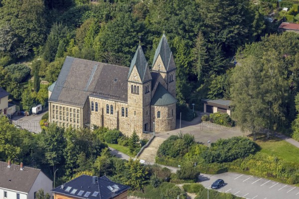 Aerial view, catholic church St. Johann Baptist in the district Voerde in Ennepetal, Ruhr area, North Rhine-Westphalia, Germany, place of worship, DE, Ennepetal, Europe, religious community, place of worship, holy place, church, parish, denomination, aerial view, aerial photography, aerial photography, religion, religious site, overview, bird's-eye view, overview