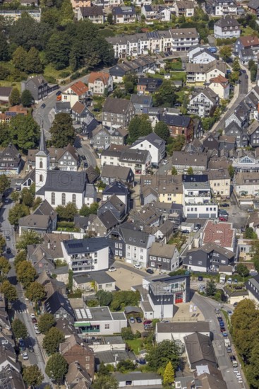 Aerial view, town centre with the protestant Johanneskirche in the district Voerde in Ennepetal, Ruhr area, North Rhine-Westphalia, Germany, place of worship, DE, Ennepetal, Europe, religious community, place of worship, holy place, church, parish, denomination, aerial view, aerial photography, aerial photography, religion, religious site, overview, bird's-eye view, overview