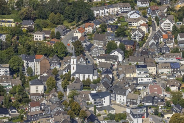Aerial view, town centre with the protestant Johanneskirche in the district Voerde in Ennepetal, Ruhr area, North Rhine-Westphalia, Germany, place of worship, DE, Ennepetal, Europe, religious community, place of worship, holy place, church, parish, denomination, aerial view, aerial photography, aerial photography, religion, religious site, overview, bird's-eye view, overview