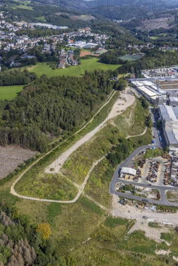 Aerial view, commercial area Jacobstraße with Siegfried Jacob Metallwerke and landfill in the district Voerde in Ennepetal, Ruhr area, North Rhine-Westphalia, Germany, tree mortality, bark beetle damage, bark beetle plague, DE, landfill, Ennepetal, Europe, spruce mortality, commercial enterprises, commercial area, commercial park, commercial site, commercial use, industrial area, industrial site, clear-cutting, aerial view, aerial photography, aerial photography, overview, bird's-eye view, forest, forest area, forest damage, forest damage, forest dieback, birds-eyes view, overview