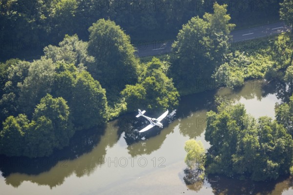 Aerial view, motorised glider over the river Ruhr, Echthausen, Wickede, Sauerland, North Rhine-Westphalia, Germany, DE, Europe, aircraft, aircraft in flight, aerial view, aerial photography, aerial photography, overview, bird's-eye view, overview