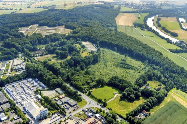 Aerial view, Werl city forest, Werl and Wickede city limits, Ruhr river, Waltringen, Ense, Sauerland, North Rhine-Westphalia, Germany, DE, Europe, commercial enterprises, commercial area, commercial site, commercial use, industrial area, industrial site, aerial photograph, aerial photography, aerial photography, overview, bird's-eye view, forest, forest area, birds-eyes view, overview