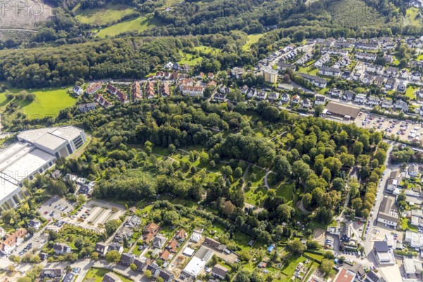 Aerial view, cemetery in the forest in the district Voerde in Ennepetal, Ruhr area, North Rhine-Westphalia, Germany, burial place, DE, Ennepetal, Europe, cemetery, memorial, place of worship, graves, burial ground, aerial photograph, aerial photography, aerial photography, resting place, overview, bird's-eye view, overview