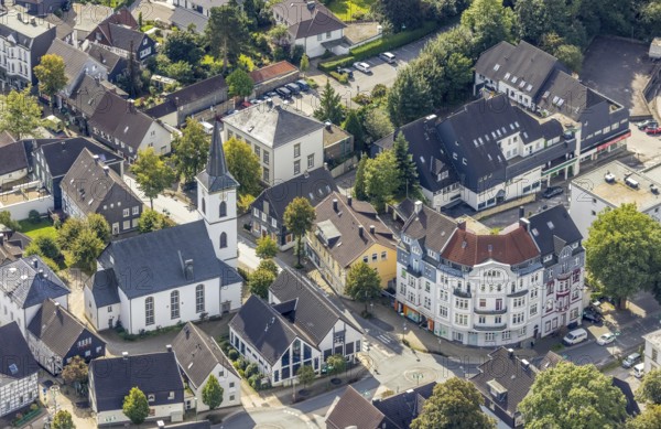 Aerial view, town centre with the protestant Johanneskirche in the district Voerde in Ennepetal, Ruhr area, North Rhine-Westphalia, Germany, place of worship, DE, Ennepetal, Europe, religious community, place of worship, holy place, church, parish, denomination, aerial view, aerial photography, aerial photography, religion, religious site, overview, bird's-eye view, overview