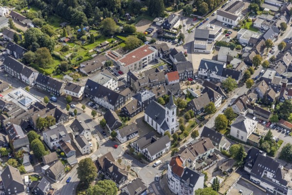 Aerial view, town centre with the protestant Johanneskirche and the new building Haus an der Kirche Bethel.regional in the district Voerde in Ennepetal, Ruhr area, North Rhine-Westphalia, Germany, place of worship, care and nursing, DE, Ennepetal, Europe, religious community, place of worship, holy place, church, parish, denomination, aerial view, aerial photography, aerial photography, religion, religious site, overview, bird's-eye view, assisted living, birds-eyes view, overview