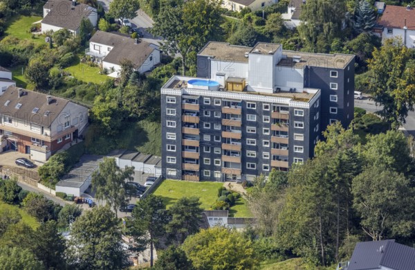 Aerial view, high-rise building with pool on the roof at Sonnenweg in the district Voerde in Ennepetal, Ruhr area, North Rhine-Westphalia, Germany, DE, Ennepetal, Europe, aerial view, aerial photography, aerial photography, swimming pool, overview, bird's-eye view, overview
