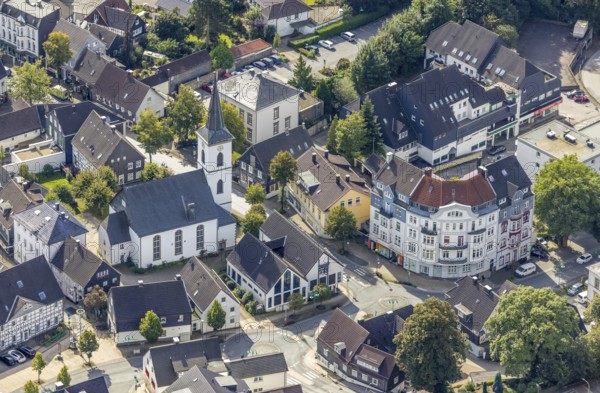 Aerial view, town centre with the protestant Johanneskirche in the district Voerde in Ennepetal, Ruhr area, North Rhine-Westphalia, Germany, place of worship, DE, Ennepetal, Europe, religious community, place of worship, holy place, church, parish, denomination, aerial view, aerial photography, aerial photography, religion, religious site, overview, bird's-eye view, overview