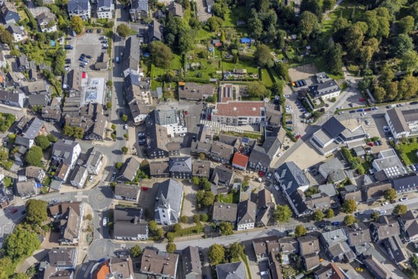 Aerial view, town centre with the protestant Johanneskirche and the new building Haus an der Kirche Bethel.regional in the district Voerde in Ennepetal, Ruhr area, North Rhine-Westphalia, Germany, place of worship, care and nursing, DE, Ennepetal, Europe, religious community, place of worship, holy place, church, parish, denomination, aerial view, aerial photography, aerial photography, religion, religious site, overview, bird's-eye view, assisted living, birds-eyes view, overview