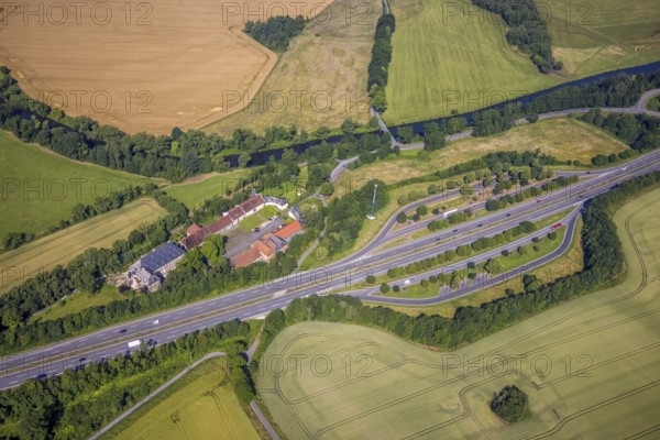 Aerial view, Haus Füchten, motorway A445 with parking Haus Füchten and parking Ruhr Valley, Hünningen, Ense, Sauerland, North Rhine-Westphalia, Germany, motorway A445, castle, DE, Europe, manor house, aerial view, aerial photography, aerial photography, parking, castle, overview, bird's eye view, farm building, birds-eyes view, historical sight, overview