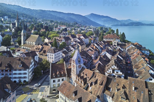 Old town with the Zytturm tower, Lake Zug and the Rigi in the background, Zug, Canton Zug, Switzerland