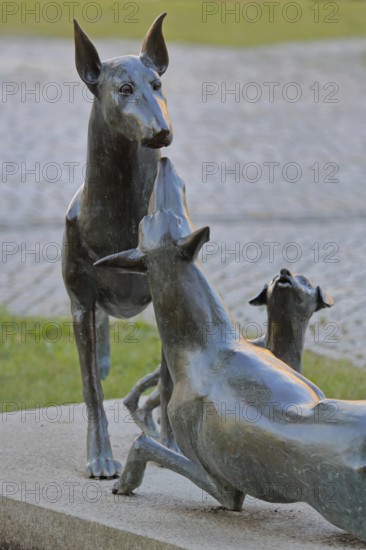 Sculpture Dobermann by Kerstin Stöckel 2019, monument to breeder of dog breed and namesake Karl Friedrich Louis Dobermann, three playing dog figures, dog head, symbol, smell, dog nose, bronze sculpture, modern art, detail, dog breeding, Apolda, Thuringia, Germany