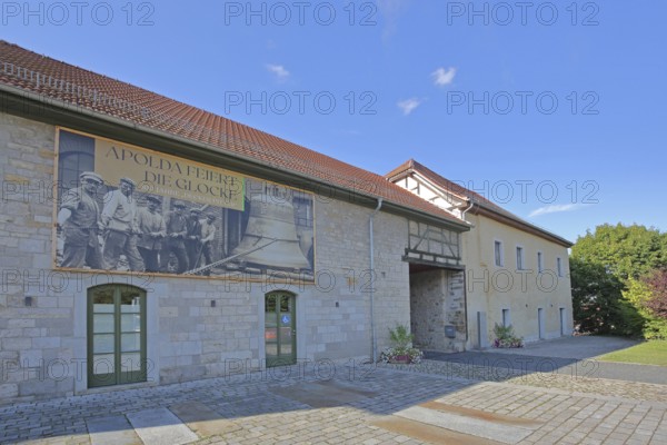 Castle built 16th century with banner for the celebration and anniversary of the bell, city administration, monument, city history, castle, Apolda, Thuringia, Germany
