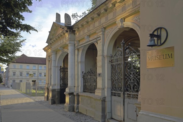 Classicist building built in 1857 by the Bell Museum with bell and inscription, City Museum, GlockenStadtMuseum, Apolda, Thuringia, Germany